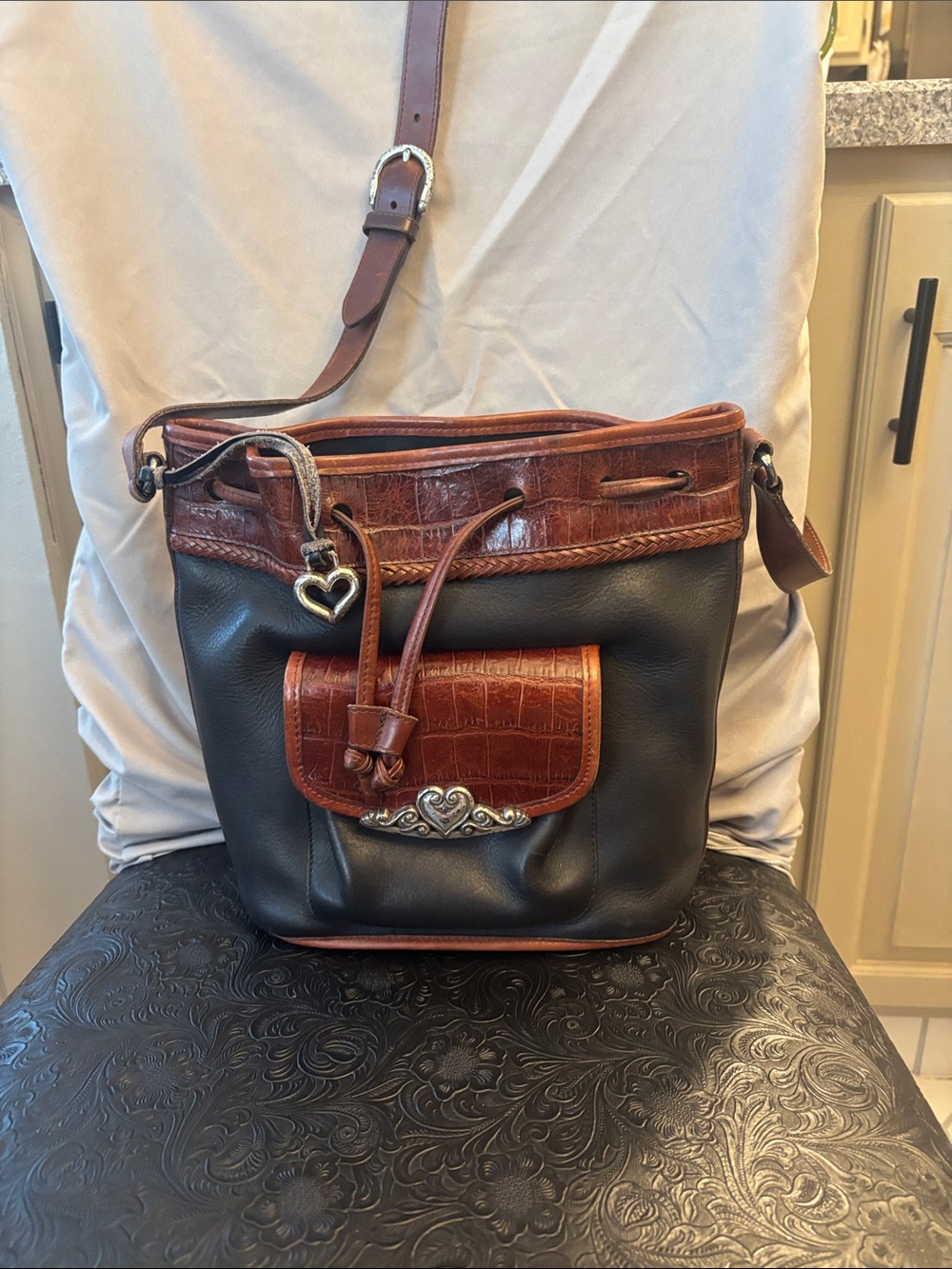 Brighton Black and Brown Leather Drawstring Crossbody Bag
